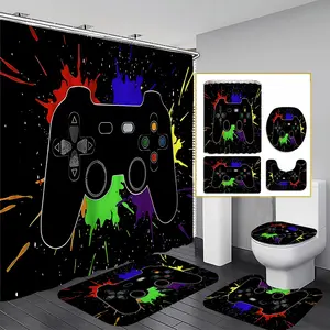 Classic Game Controller Design Shower Curtain Set, Includes Non-Slip Mat and Toilet Lid, Colorful Bathroom Decor, bathroom supplies, Casual Style, Restroom