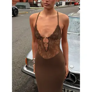 Totema Lace Halter Maxi Dress Chocolate