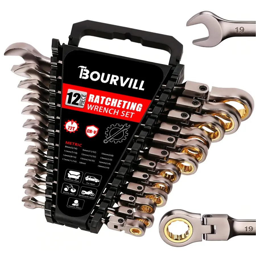 12PCS Flex-Head Ratcheting Wrench Set (Metric 8-19mm) - 72-Tooth CR-V Combination Wrenches with Organizer Rack for Auto Repair & DIY