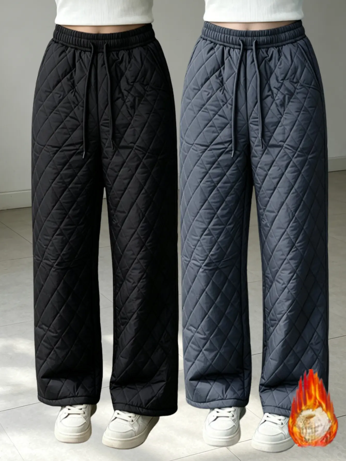 2-pack autumn/winter loose straight-leg pants for outdoor wear, thick and warm, plaid with topstitching and fleece lining, casual home pants for keeping out the cold