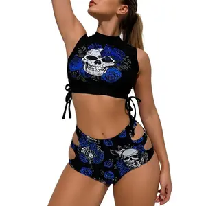 Two-piece Set Women's Bikini , European And American Fashion Sexy Black Skull Waist Hollow Triangle Pants Beach Wear Swimsuit