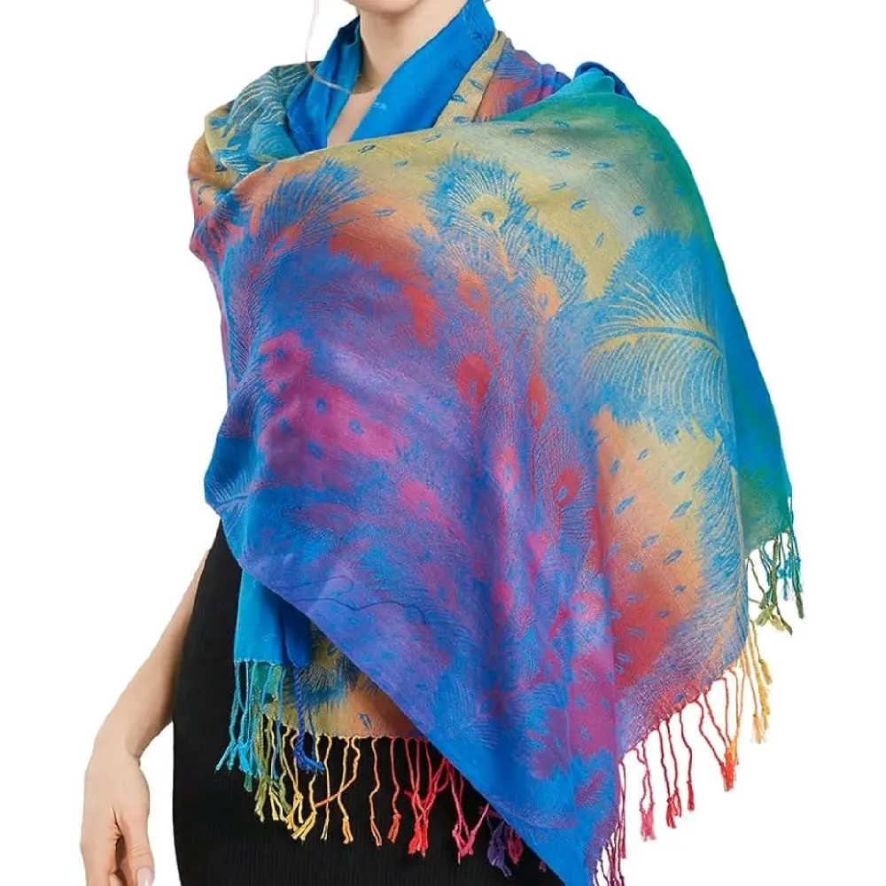 Multi Color Pashmina Shawls - Vibrant Feather Design with Colorful Fringes for Stylish Wear