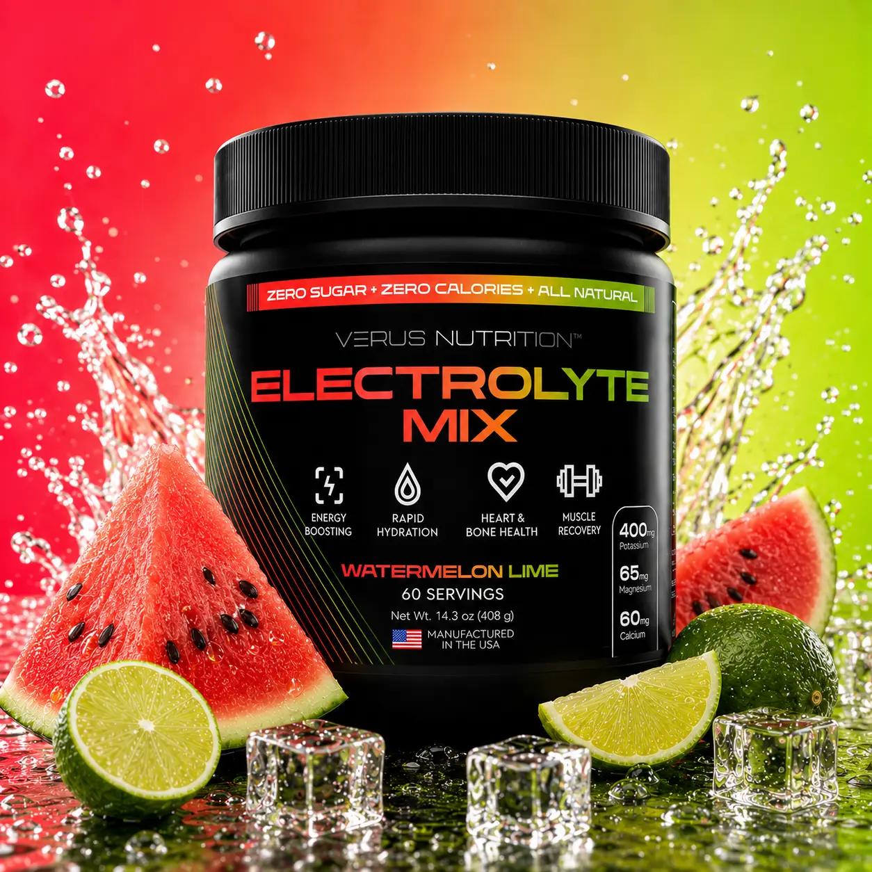Electrolyte Powder - Watermelon Lime - 60 Servings, 0 Calorie, Sugar Free, Natural Mineral Hydrating Ingredient Mix for Keto & Vegan