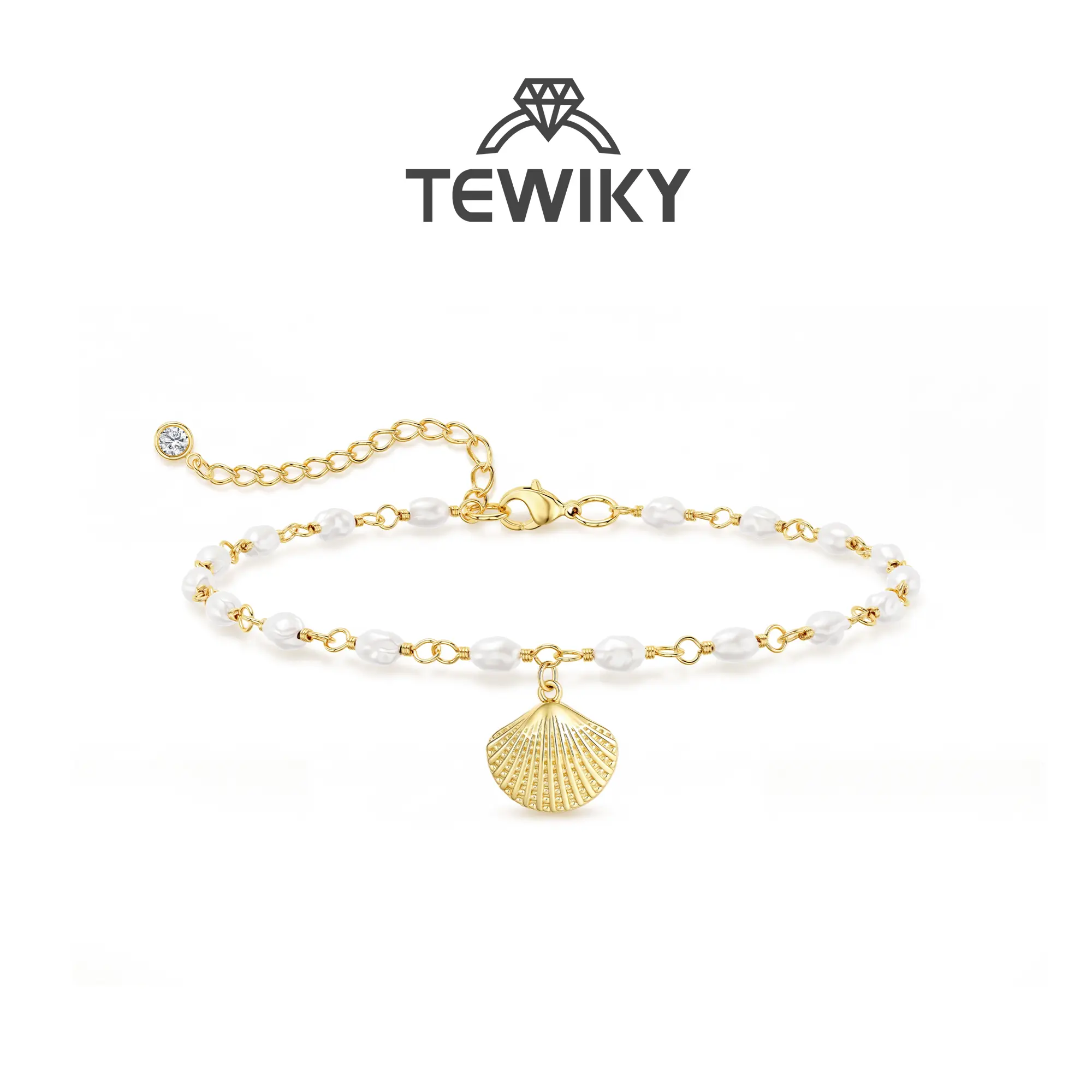 TEWIKY Cuban Link Anklet for Women, 14K Gold Plated Waterproof Tarnish Resistant Ankle Bracelet, Faux Pearl Shell Charm Foot Jewelry, Sweatproof No Fade Beach Vacation Summer Accessories