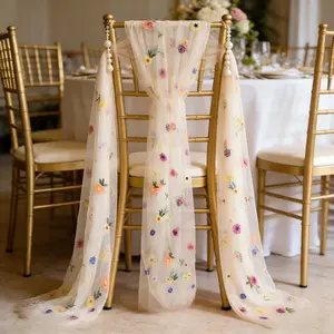4-piece set, light beige embroidered floral mesh, polyester fabric, suitable for wedding ceremonies and party venue decoration, decorative arches/bridal headbands/hand-held flower packaging/table flags/chair back straps
