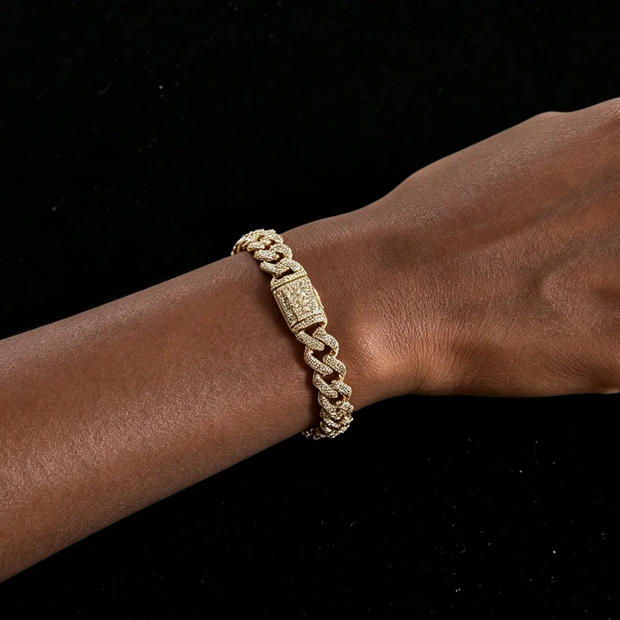 8.5mm 14K Real Gold Plated Copper Double Row Full Iced Out Cubic Zirconia Cuban Link Bracelet, Anti-Tarnish Secure Box Clasp Hip Hop Miami Wrist Jewelry