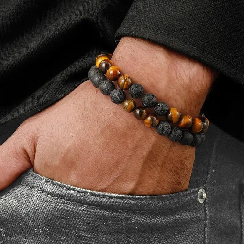 8mm Natural Stone Beaded Bracelet Set for Men - Adjustable Cord, Hand Selected Crystals (Tiger Eye, Agate, Lava Rock), Casual Wear, Birthday Christmas Gift for Him
