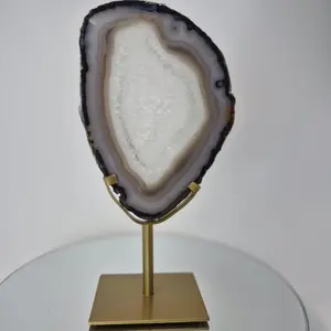 Clear Quartz Crystal with Banded Agate Slice on Stand, Translucent Brazilian Mineral Specimen