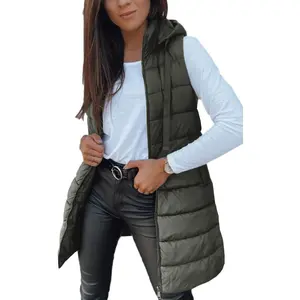 Imily Bela Women Long Vest Solid Color Sleeveless Hood Winter Puffer Vest Outwear