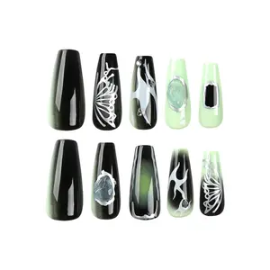 Press-On Nail. Green Black Silver Butterfly Lightening Long Square Almond, with Rhinestone. Various Sizes, with Nail Glue Tool Set