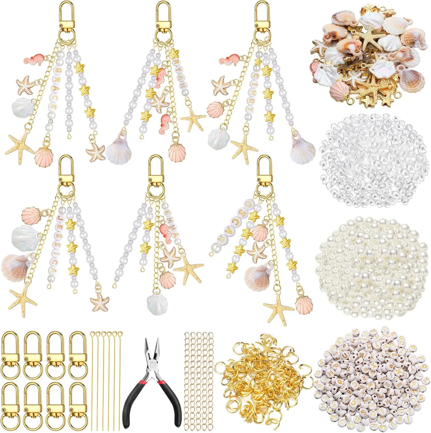 776PCS Ocean Themed Seashell Keychain Making Kit - DIY Crafting Set with Starfish, Pearls, Seahorse, Letter Name Beads, Keychain Clips, Tools, Metal Parts for Aquatic Pet Tank Decorations, Backpack Accessories