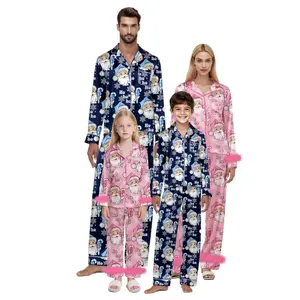REDWOON Christmas Pajamas Set For Family Matching Lounge Sets Santa Claus Letter Print Long Sleeve Tops And Pants Xmas Holiday Satin Silk Sleepwear For Women Men Kids Girl Boy