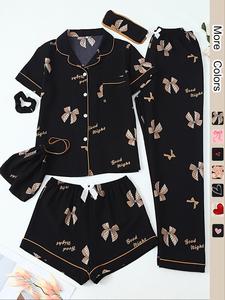 women's all over print top & shorts & pants & accessories pyjama set, casual comfy pj set, ladies sleepwear for all seasons, night sleep set, pajamas, sleepwear for women, loungewear, womenswear, homewear, outfits