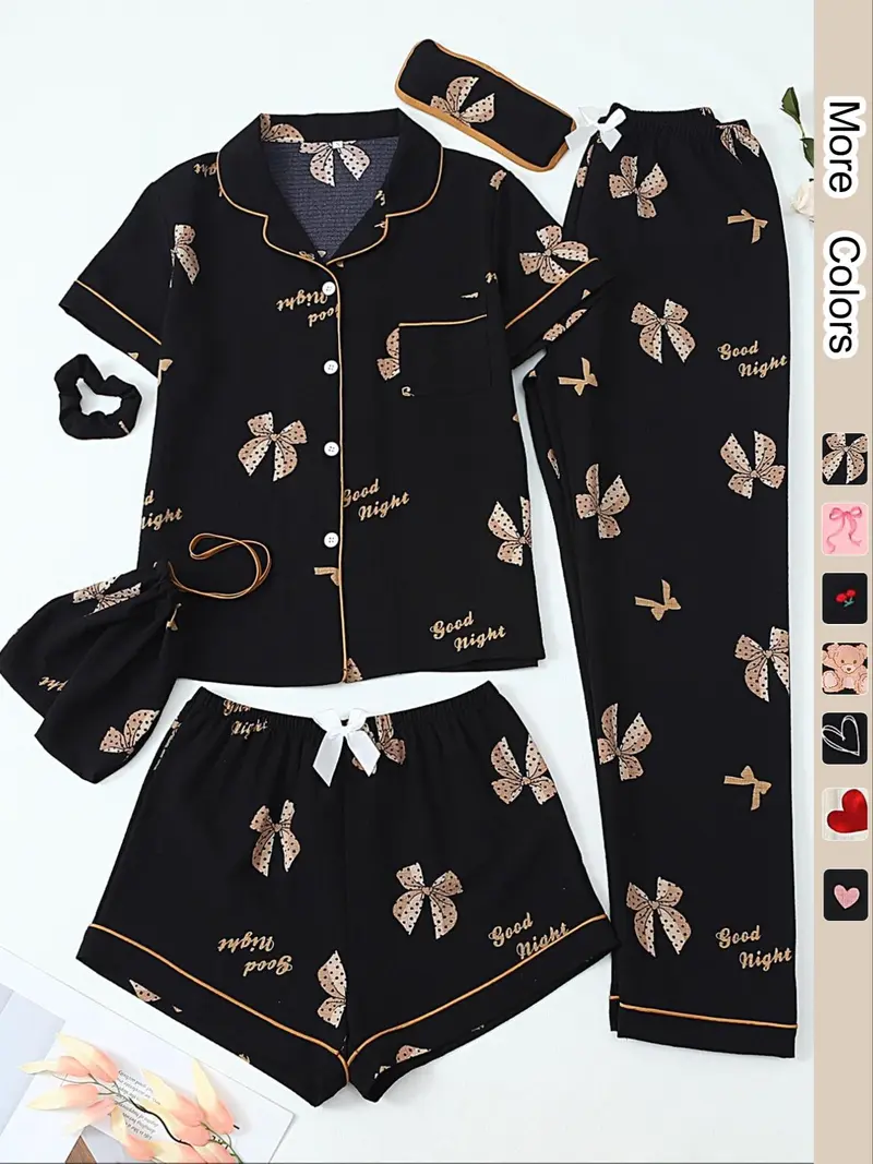 Women's All Over Print Top & Shorts & Pants & Accessories Pyjama Set, Casual Comfy Pj Set, Ladies Sleepwear for All Seasons Pajamas