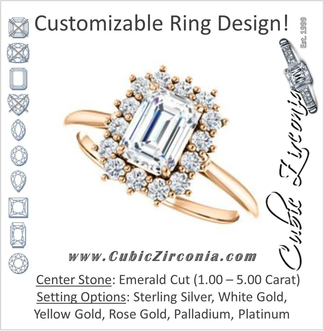 Cubic Zirconia Engagement Ring- The Kirsten (Customizable Emerald Cut with Large Cluster-Accent Crown-Supported Halo)
