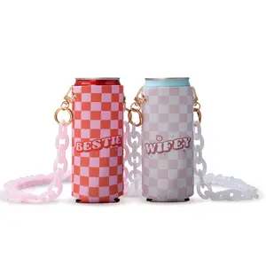 Checkered Slim Can Coolers Bachelorette Party Favors I Bachelorette Party Slim Can Cooler with Chain Slim Can Compatible