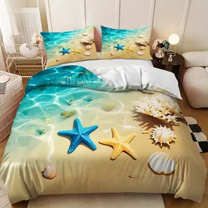 Bedding Set - 3pcs Blue and Yellow Starfish and White Seashell Shore Design Down Comforter Set (1 comforter cover + 2 pillowcases, filling not included) A gift for family and friends, soft and comfortable, suitable for family bedrooms and guest rooms.