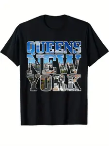 Men'S Graphic T-Shirt from Queens, New York - a Black Casual Short-Sleeve Crew Neck Tee Featuring a City Skyline Design, Perfect for Summer Outings, Regular Fit, And Machine Washable, Plus Size