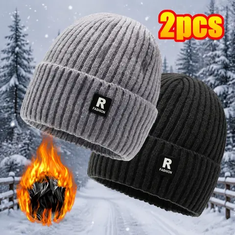 Men's 2-Piece Fleece-Lined Thick Beanies Hats - Cozy Beanie Hats for Cycling, Skiing, Unisex Cold-Proof Sports & Outdoor Accessory with Large Headroom