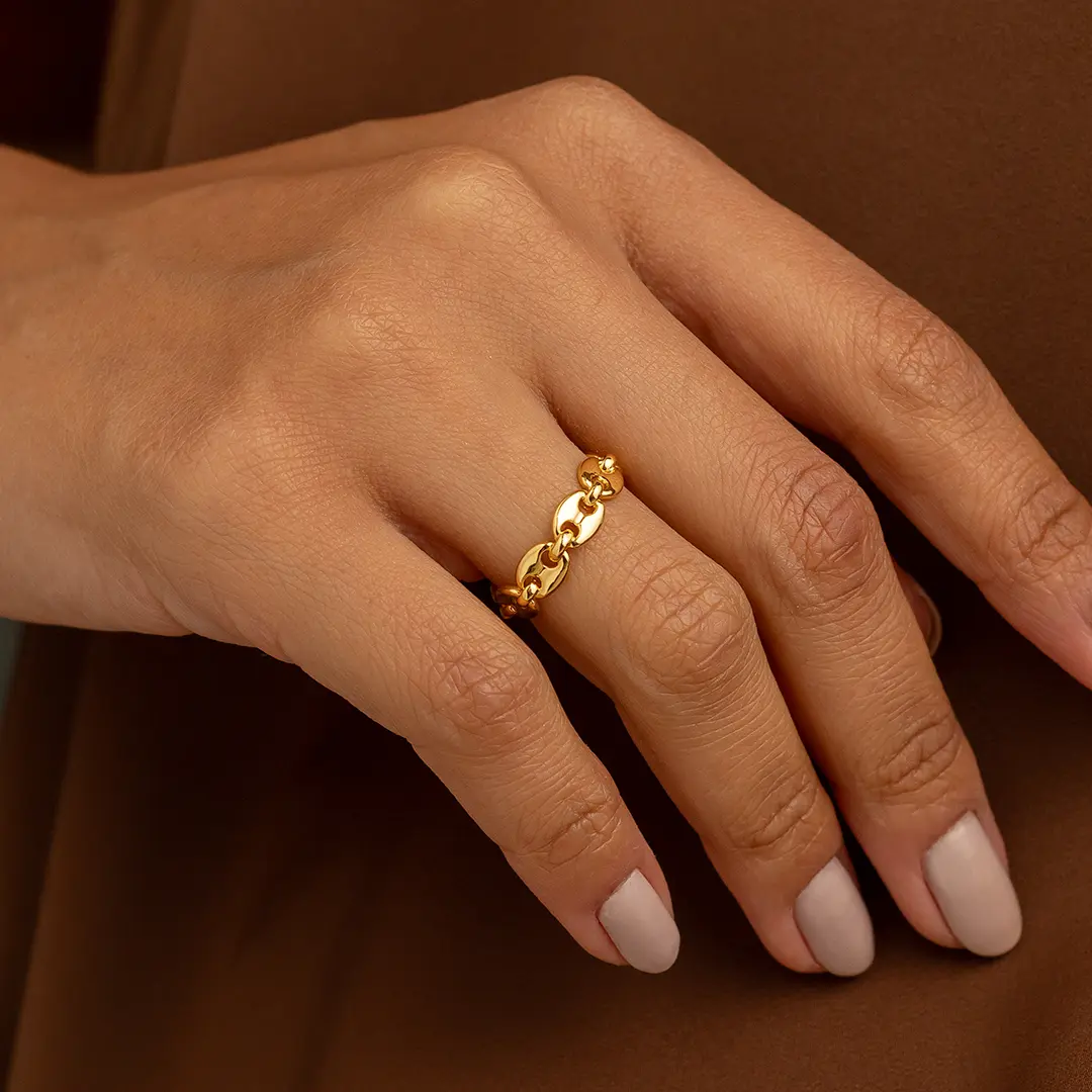 18K Gold Plated Chunky Chain Link Ring – Adjustable Open Band Statement Ring for Women