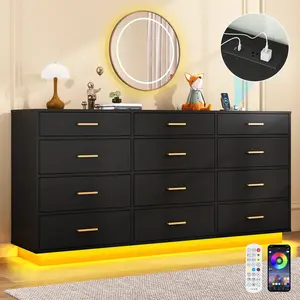 12 Drawers Dresser w/Power Outlet,60000-Colors Lights,63In Long Dresser Chest for Bedroom,Wooden Tall Large Capacity Clothing Storage Cabinet for Living Room,Entryway,Hallway (Black /White )