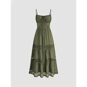 Cider [3 colors, size 0-26] Lace Trim Tiered Cami Maxi Dress