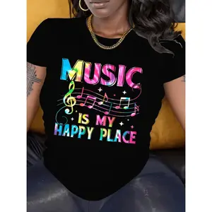 Cotton 1pc black t shirt with place graphic vibrant lettering musical notes design 100 machine washable casual music t shirts black -1 t shirt