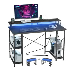 【FathersDayGift】VEVOR 47" Gaming Desk with LED Lights & Power Outlets, Computer Desk with Monitor Stand & 2-Tier Storage Sheves,  Study Work for Home Office, Black, Built-In Outlets Desks