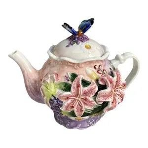 Jane Eyre Series Lily Butterfly Teapot, 3D Relief Craft, Lifelike, 400ml, Ceramic, Christmas Gift, Kitchen & Dining Tableware, Serving Utensil, Tea & Coffee Pot