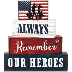 4 Pcs 4th of July Patriotic Wooden Tiered Tray Decor, Memorial Day Decorations Gifts for Home, Independence Day Red White Blue Table Centerpiece for Office Party Shelf Kitchen 250th Anniversary