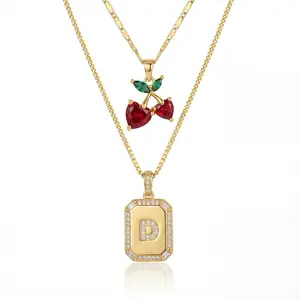 Initial & Cherry Necklace Set | Layered Iced Out Pendant  | Nova Rose Jewelry