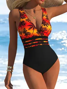 New Women's Fashion One-Piece Swimsuit, Tummy Control Swimwear, Slim Fit Bodycon, Tropical Print, Perfect for Hot Springs and Swimming, Beach Bathing Suit