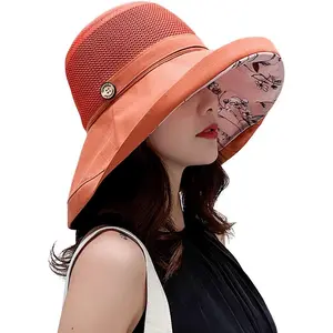 Women Mesh Sun Hats Summer Beach UV Protection UPF Packable Wide Brim Chin Strap