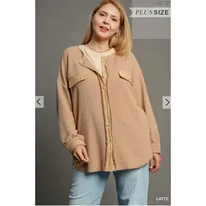 Latte Curvy Button Down Shacket Casual Comfort Cotton Women's Coat Blazer Plus Size Long Sleeve Loose Fit with Pockets Breathable Material Essential Jackets Womenswear Piece