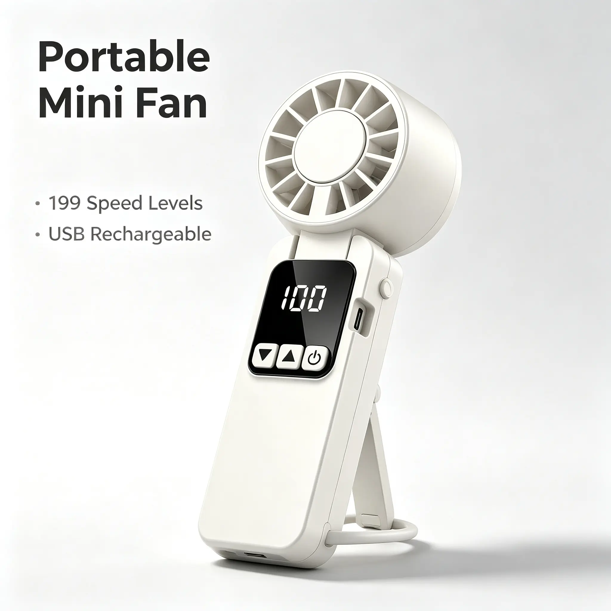Portable Turbo Hand Fan for Heat Relief, 199 Adjustable Speeds, Digital Display, 6000mAh Rechargeable Mini Pocket Fan, Foldable USB Cooling Fan for Dorms, Campuses, Travel, and Hiking
