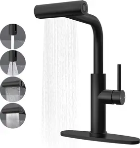 Black Kitchen Faucets with Pull Down Sprayer,High Arc Waterfall Kitchen Faucet, 4 in 1 Stainless Steel Single Lever Handle Kitchen Faucets with 4 Modes, Commercial Utility Kitchen Sink Faucet
