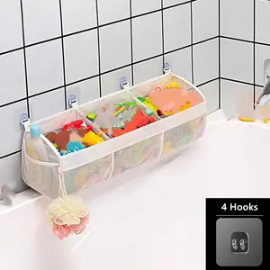 3 Compartment Horizontal Bath Toy Storage,4.95 Gallons Bathtub Toy Storage Organizer,Bath Toy Holder For Bathtub,Bath Toy Organizer For Tub,Mesh Shower Caddy with 4 Sticky Hooks,Bathroom Organizer