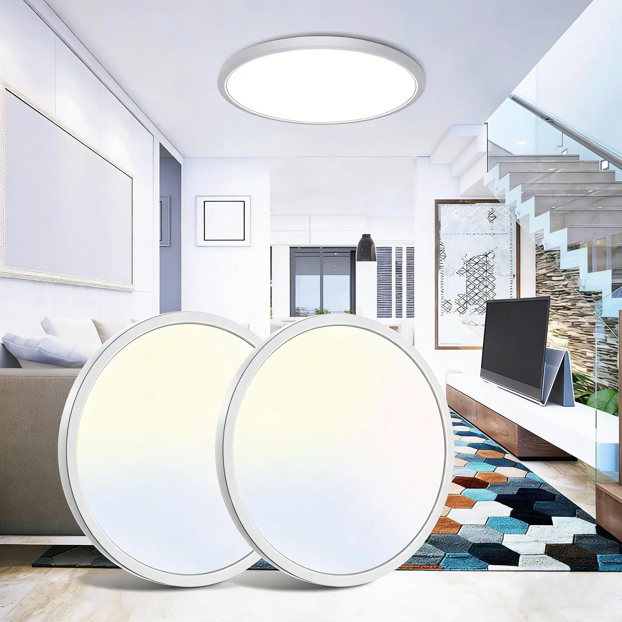 16-Inch LED Flush Mount Ceiling Light 4800LM 40W Round Light Fixture 5 Color Temperature Selectable Super Slim Large Flat Ceiling Lamp for  Office Living Dining Room White 2-Pack