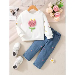 New Autumn And Winter Girls' 3D Flower Sweatshirt And Outfit Outdoor 100% Polyester Ditsy Floral Casual Regular Fit FL 491365
