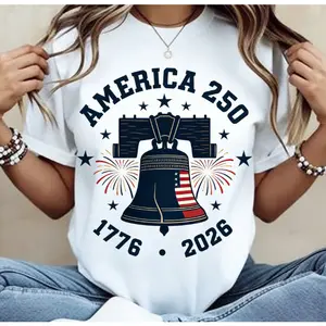 America 250 1776-2026 Liberty Bell USA Flag Firework Graphic Oversized T-Shirt, 4th of July Patriotic Comfort Cotton Outfit, Cute Fashion Star Print Tee, Best Gift for Lover Family Friends Independence Day