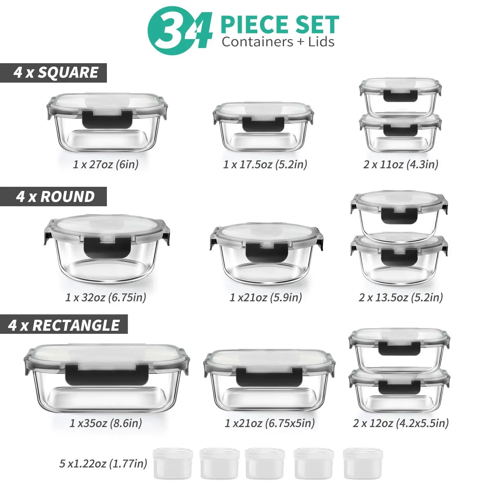 34pcs Glass Food Storage Containers with Lids Set, Airtight Meal Prep Containers (17 Containers & 17 Lids)