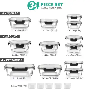 34pcs Glass Food Storage Containers with Lids Set, Airtight Meal Prep Containers (17 Containers & 17 Lids)