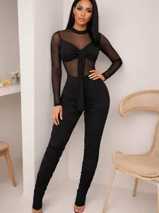 Transparent Mesh Ruched Jumpsuit, Long Sleeve, Fitted, Sexy Party, Unique Back Design, Women's Fashionable One-Piece Romper, Outfit, Womenswear