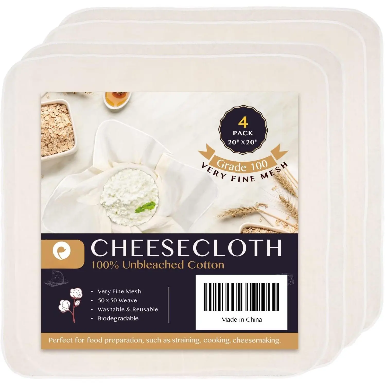Precut Cheesecloth, 20 x 20'' 4 Pack, Grade 100, Ultra Fine Cheese Cloth for Straining & Cooking,  Unbleached  Cloth for Making Cheese