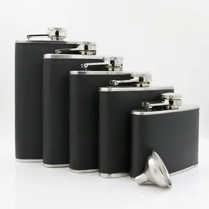 Black PU Leather Wrapped 8 Ounce  Flask 304 Stainless Steel  Flask (Black PU Leather, 8oz)