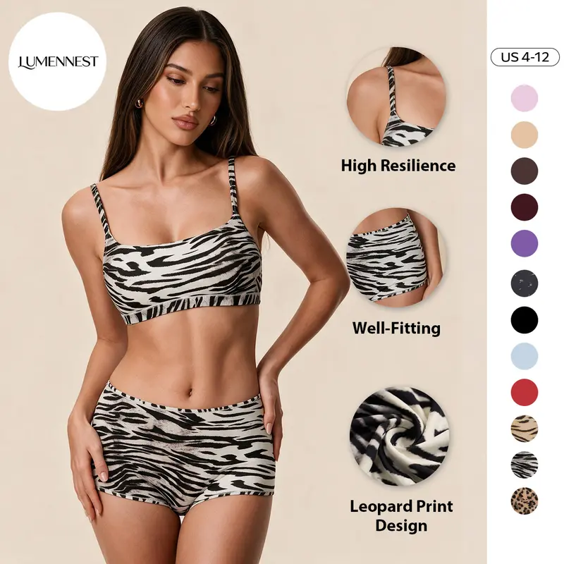 LUMENNEST Women's 2-Piece Nylon Leopard Print Thin Strap Bralette & Panty Lingerie Set - Adjustable, Soft, Lightweight, Breathable, Minimalist, Seamless Smoothing Versatile Underwear for Women