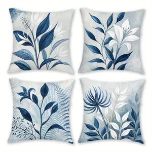 4pcs, Blue & white Flowers Throw Pillow Covers, Modern Cozy Gallery Art Home Decor Cushion Covers, Zipper Closure Polyester Farmhouse Pillowcases for Living Room Sofa, Single-sided Printing, No Pillow Core