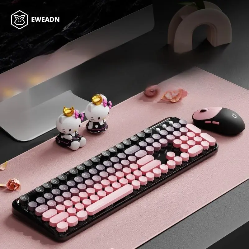EWEADN V96 Wireless Keyboard and Mouse Combo, 2.4G Wireless Full-Sized Retro Typewriter Style Keyboard with Round Keycaps, 104 Keys Computer Keyboards and Mouse for Windows/Mac/PC