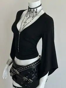 Women's Y2K Gothic Long Sleeve V-Neck Slim Fit Party Tee Womenswear, Spring Summer Casual Streetwear, Fashion Plain Top for All Seasons