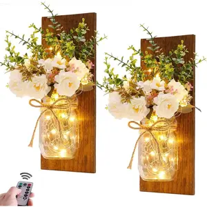 Rustic Mason Jar Wall Sconces with LED Fairy Lights & White Peonies, Farmhouse Wall Decor with Remote Control, Set of 2 for Living Room